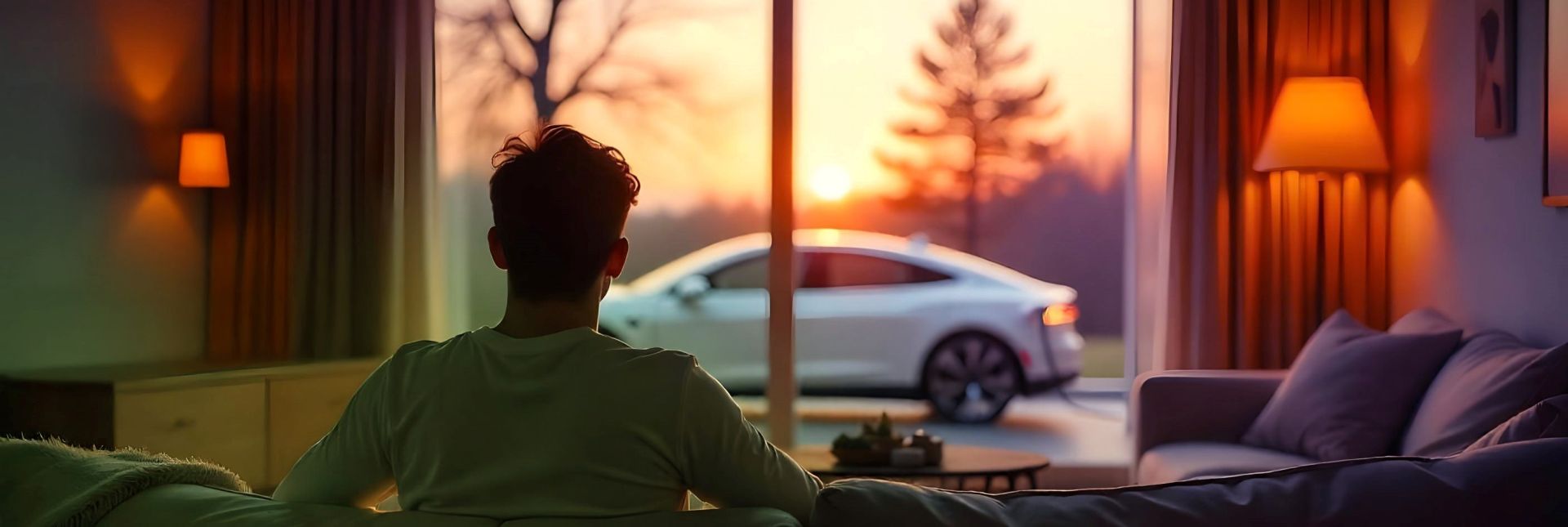 Ein Mann sitzt mit dem Rücken zu uns in seinem Wohnzimmer und schaut nach draußen durchs Fenster. Draußen steht sein Elektroauto. Es wird gerade geladen.